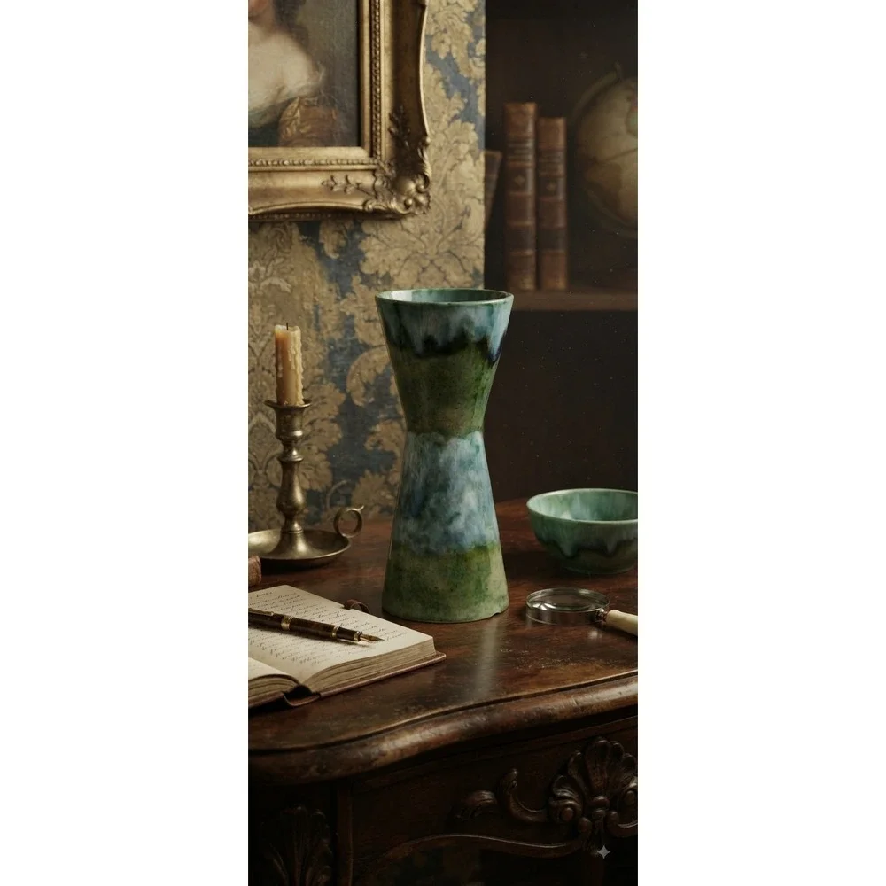 Vintage Yona Ceramic Hourglass Vase Green Turquoise Drip Glaze MCM Pottery 6.5